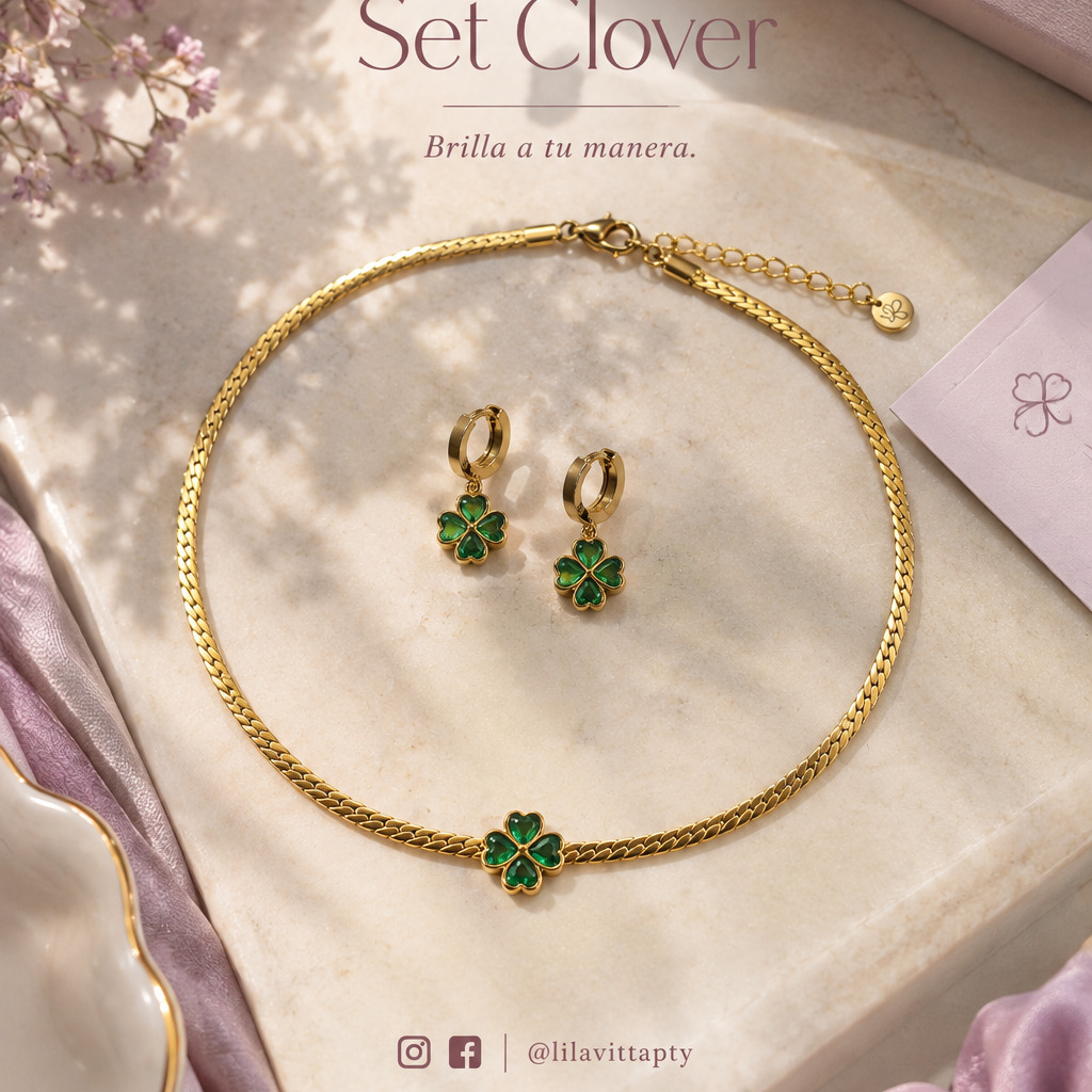 Set de collar y aros con trébol verde, marca Lila Vitta