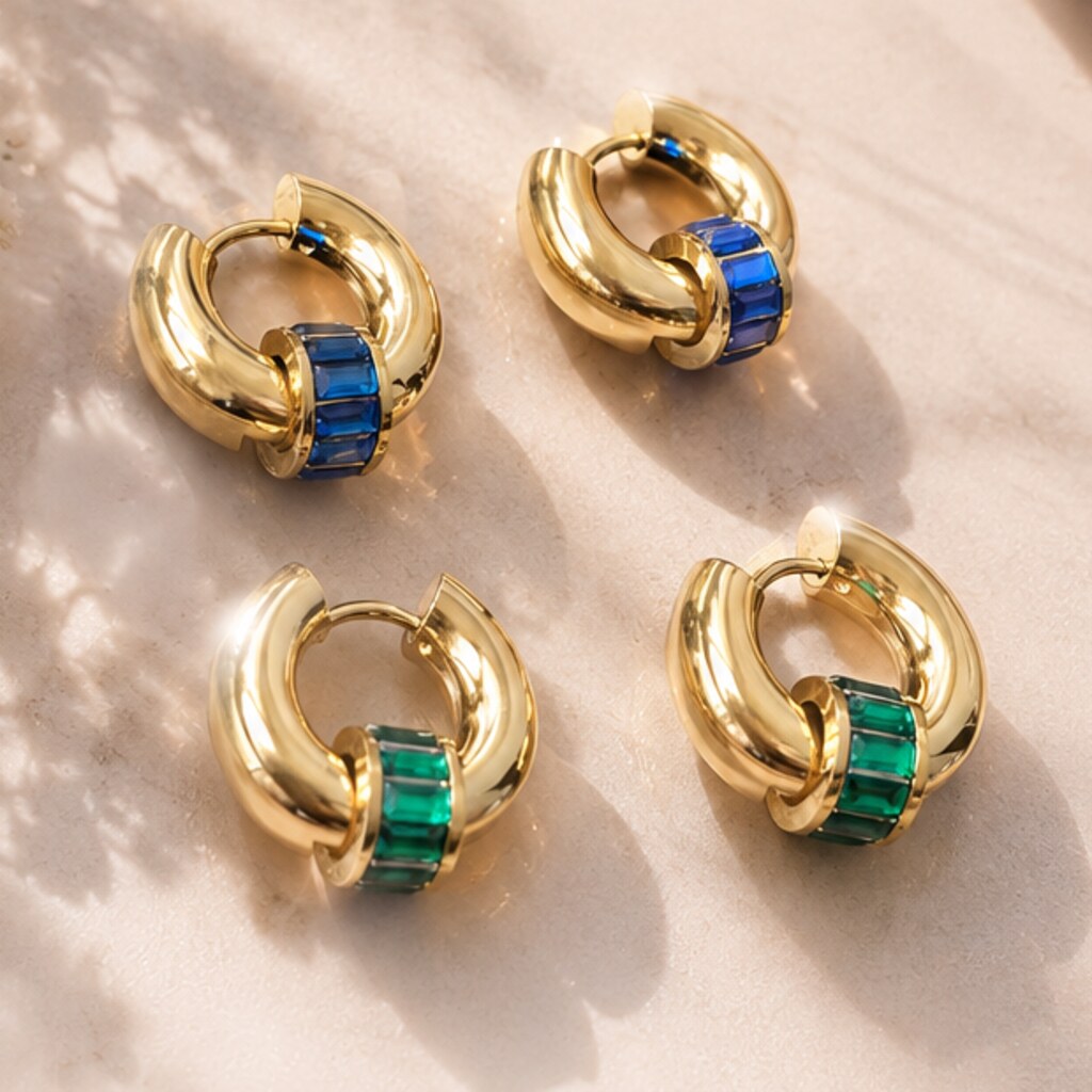 Aros de acero inoxidable con cristales azules y verdes, marca Lila Vitta