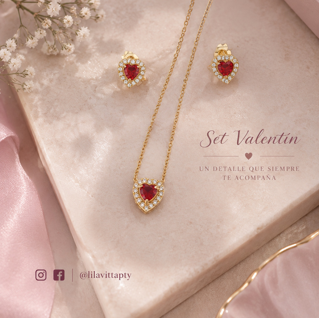 Set de collar y aros con corazón rojo, marca Lila Vitta